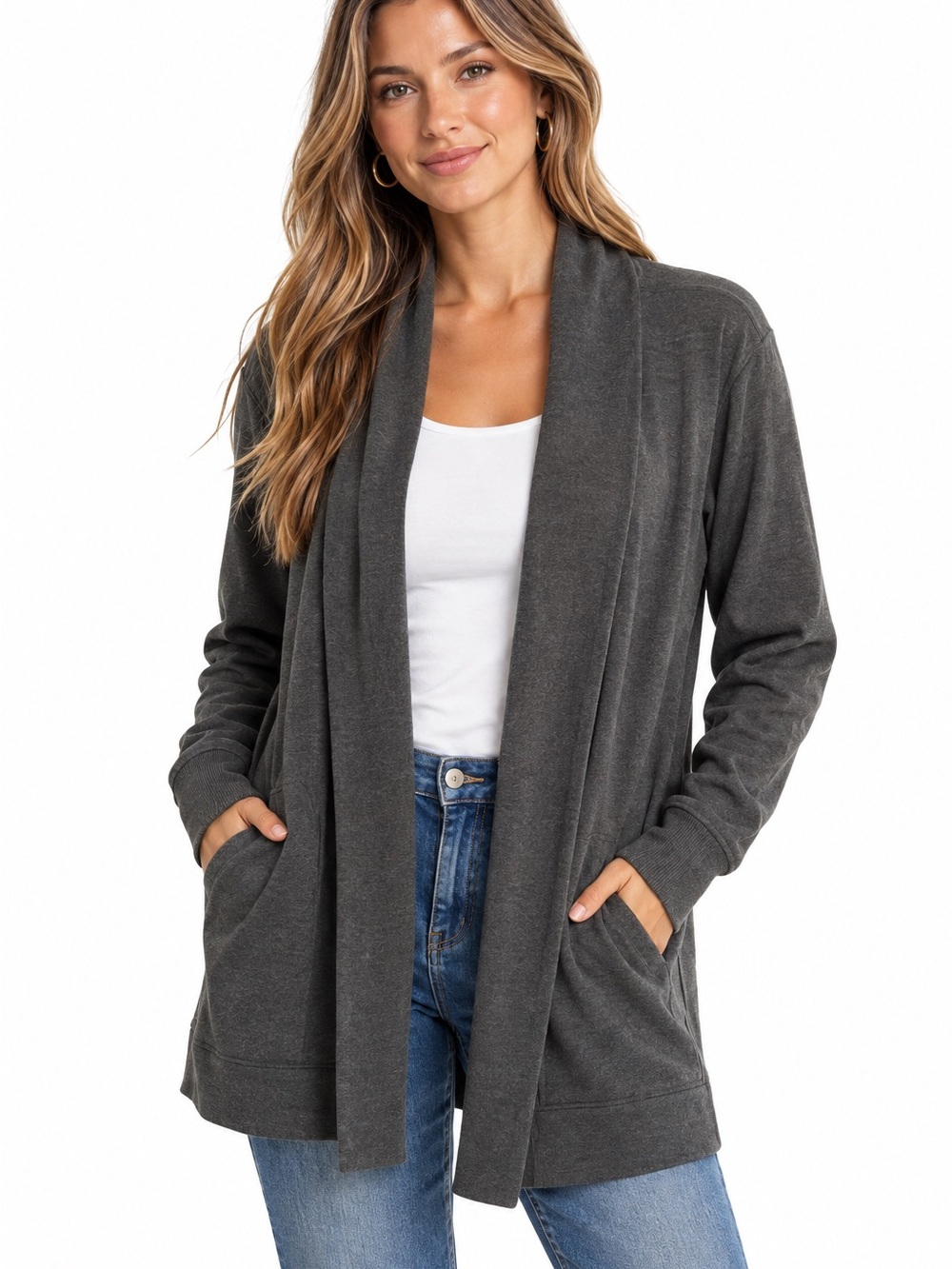 Pact Dark Gray Open-Front Draped Cardigan Sz small Organic Cotton Minimalist